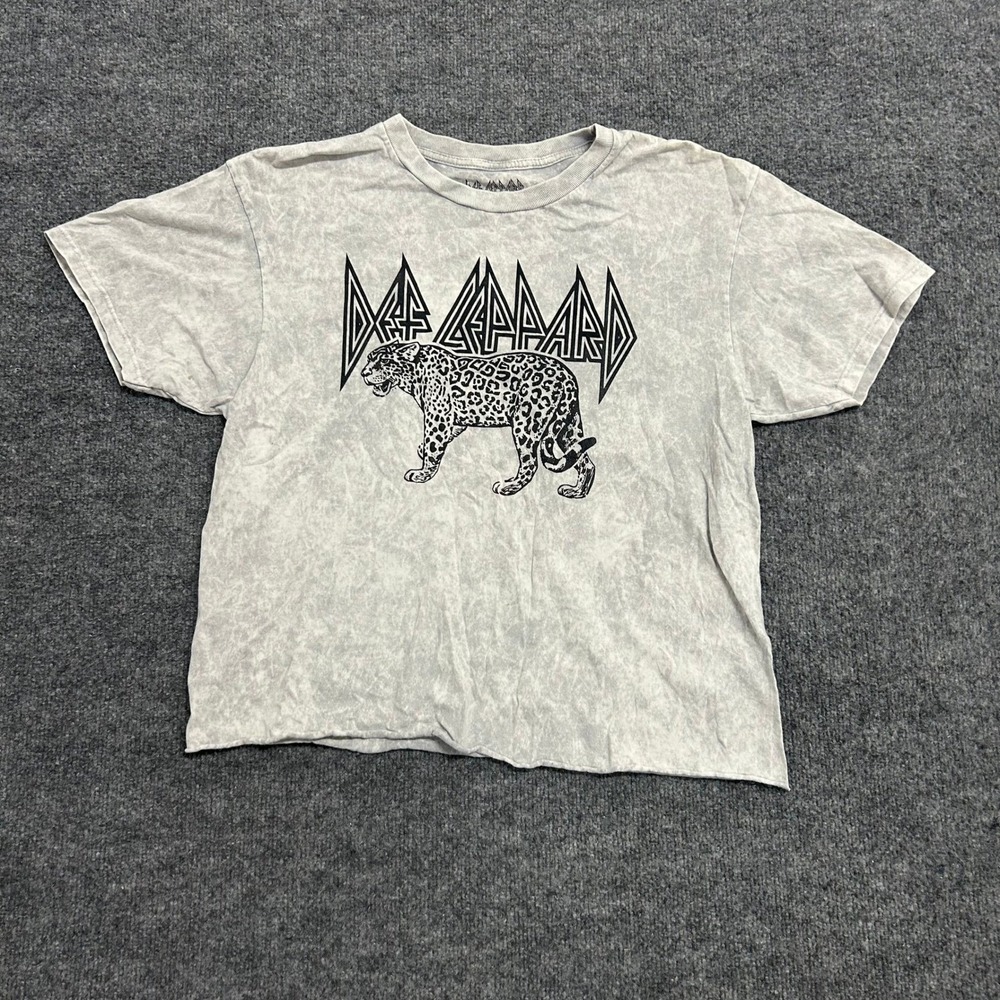 Def Leppard T-Shirt Womens Size L Gray Acid Wash Graphic Rock Raw Hem Cotton